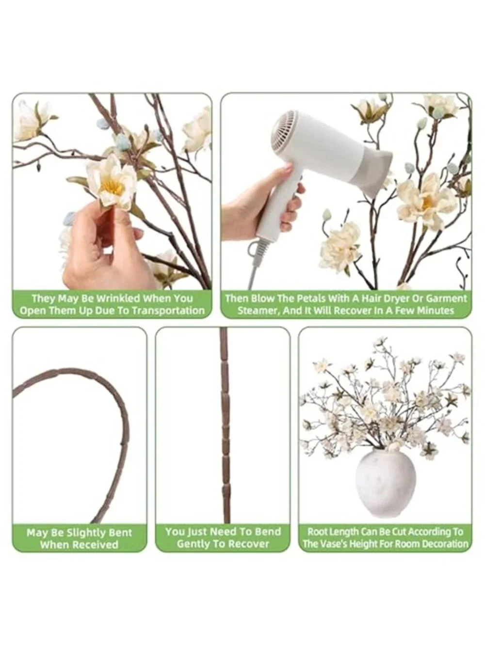 3Pcs Artificial Magnolia Flowers Stems Faux Floral Arrangement Vase Table Decor